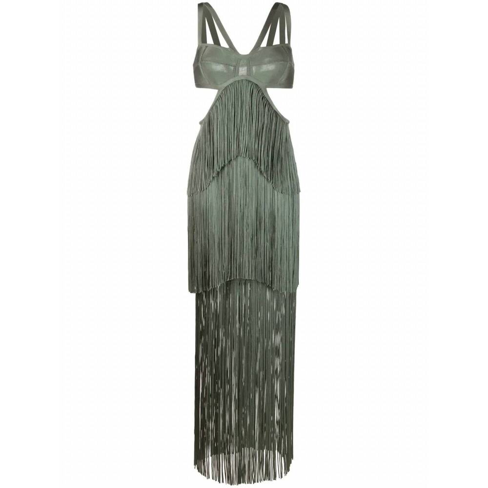 NEW HERVE LEGER tiered fringe maxi gown in willow green - Picture 5 of 5